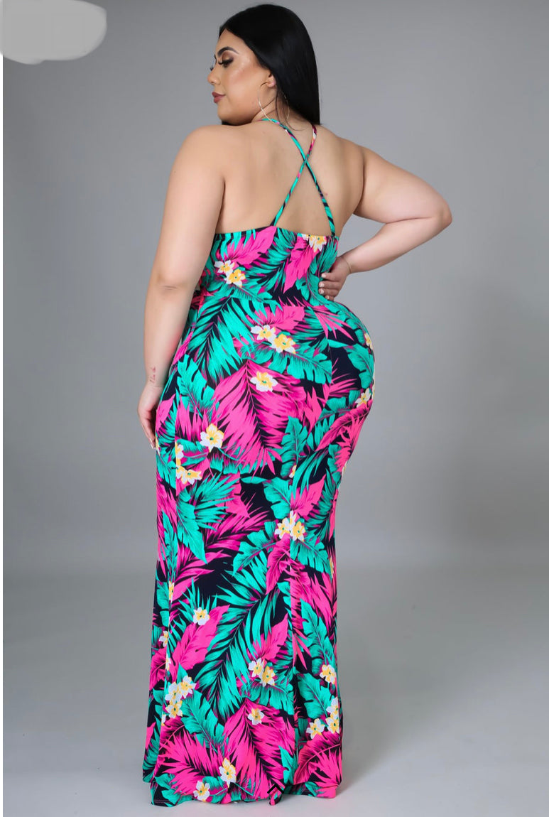 Take me away for a vacay in this tropical Happy Size maxi dress. A thin tank or camisole can be added for more modesty. plus size summer dress. vacation dress labor day beach dress.