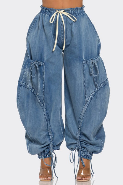 Urban Chic Drawstring Denim Cargo Pants (Happy Size)