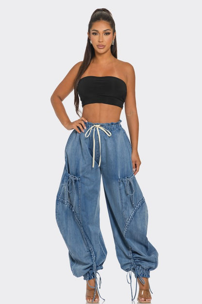 Urban Chic Drawstring Denim Cargo Pants (Happy Size)