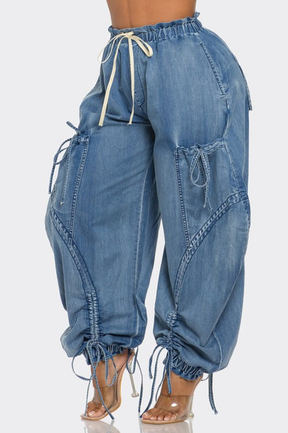 Urban Chic Drawstring Denim Cargo Pants (Happy Size)