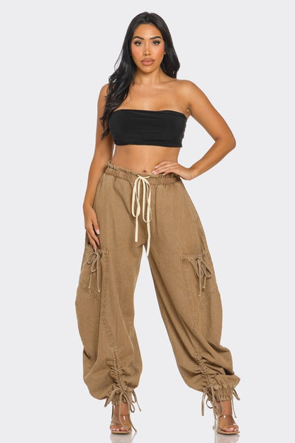 Urban Chic Drawstring Denim Cargo Pants (Happy Size)