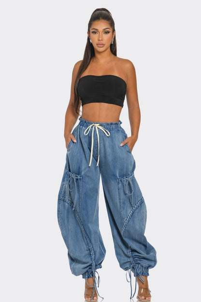 Urban Chic Drawstring Denim Cargo Pants (Happy Size)
