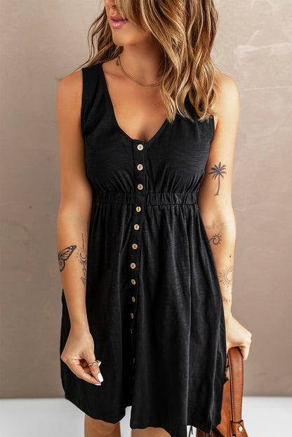 black Sleeveless Button Down Mini Dress