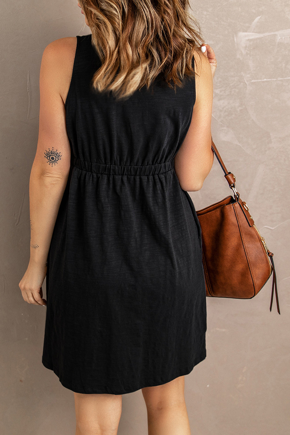 black Sleeveless Button Down Mini Dress