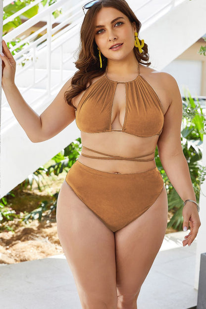 Plus Size Cutout Tied Backless Bikini Set tan