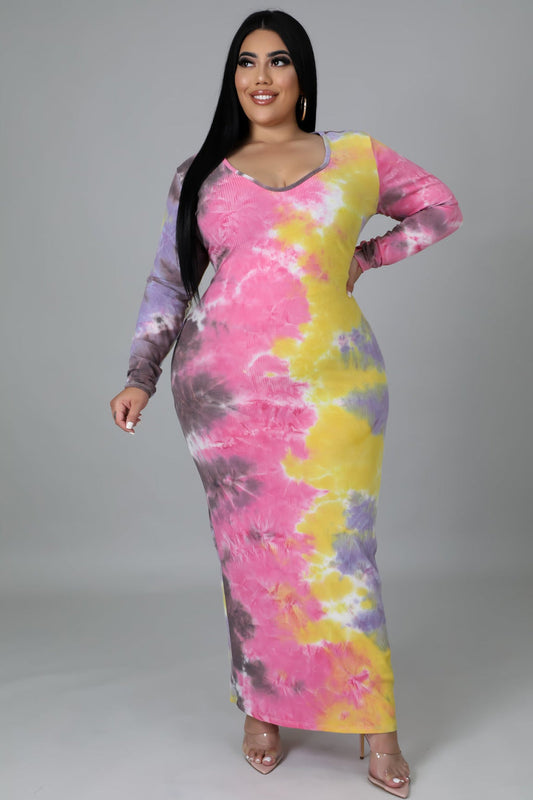v-neck, maxi, dress, plus size, ribbed, tie dye, happy size, curvy, full figured