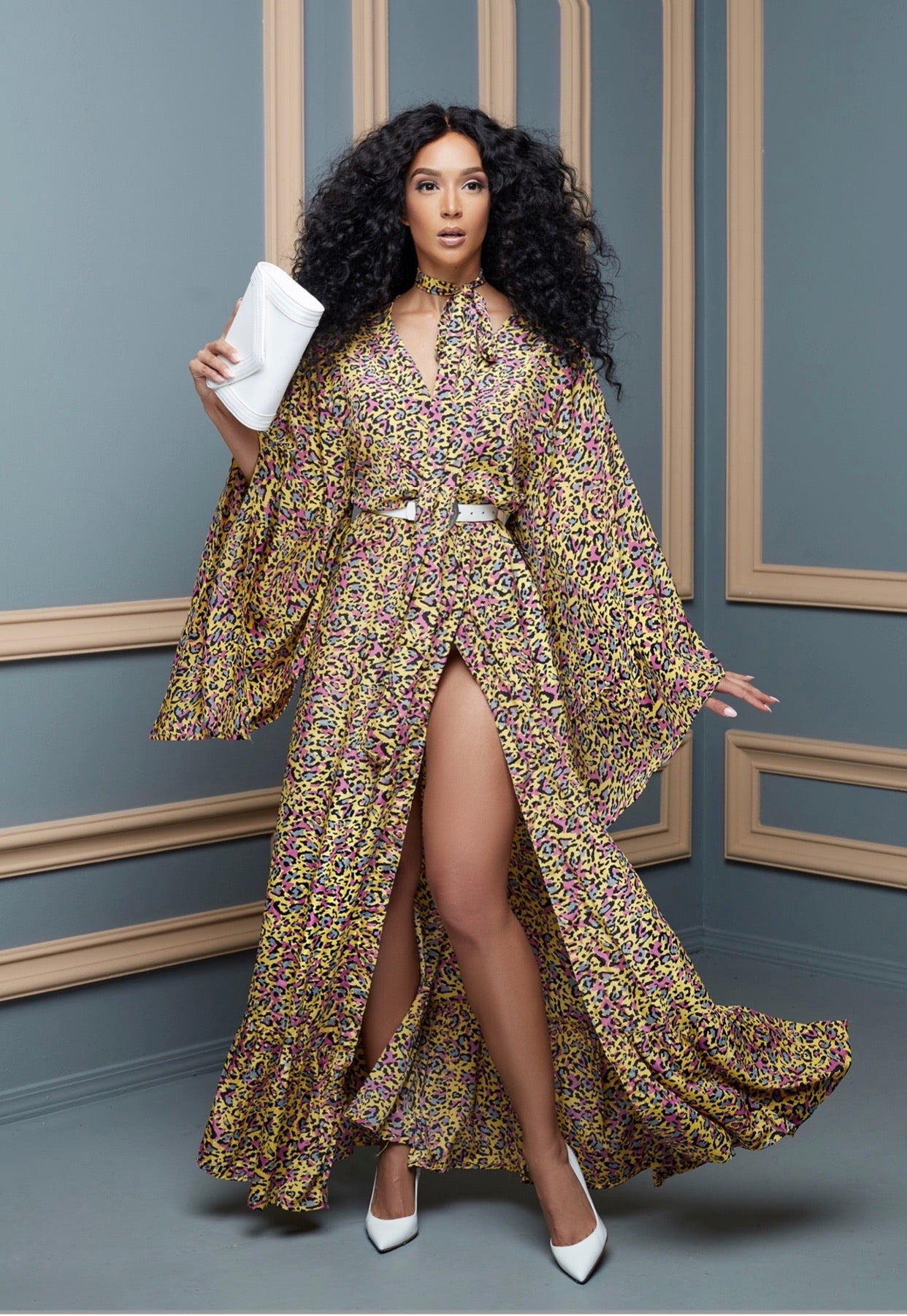 fashion style kimono wrap dress fall cheetah yellow chic