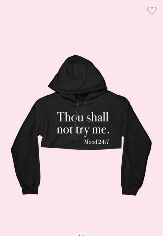 thou shall not try me hoodie navy blue crop top soft drawstring workout gym comfortable comfy loungewear college mom plus size sweatshrt crop top hoodie Bold and cofy! Blue cropped hoodie with "Thou Shall Not Try Me" print. Perfect ffor loungewear, college style, or streetwear looks. Plus size